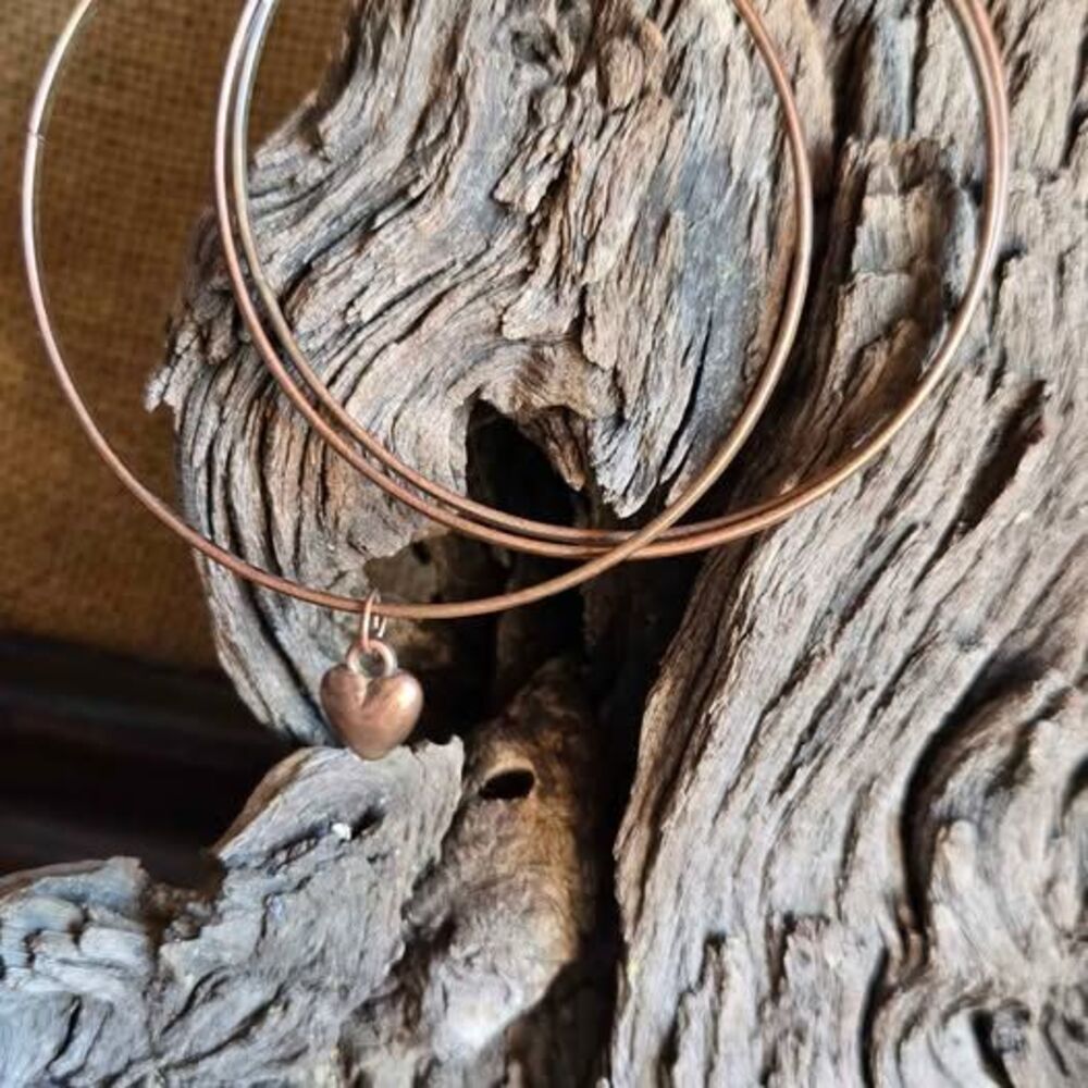 Copper-Tone Triple Bangle Bracelet with Heart Charm Minimalist Stack Bracelet